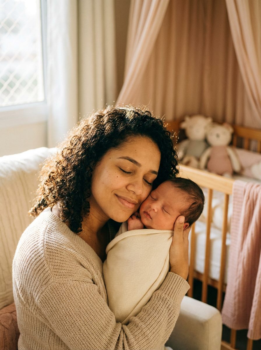 Mãe segurando o bebê no colo em um ambiente aconchegante, com luz natural